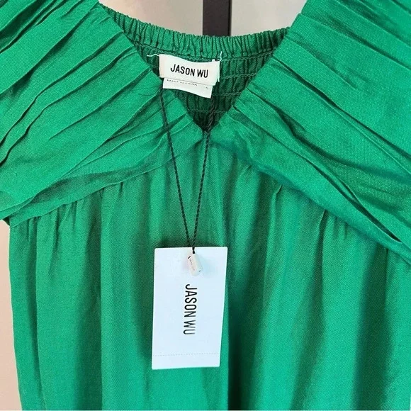 Jason Wu Ruched Ruffle V Neck Linen Maxi Dress Kelly Green Small NWT Feminine - Picture 4 of 7